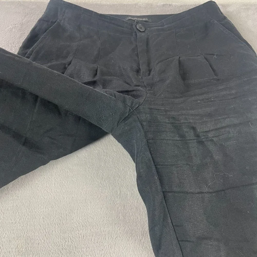 Banana Republic Wide Leg 100% Linen Pants Women Petite 6 Black Pleated‎ Summer
